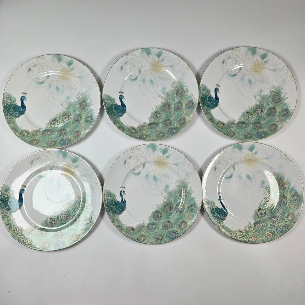 222 Fifth Lakshmi Dinner Plates Set of 6 White Teal Gold Peacock Fine China 11in
